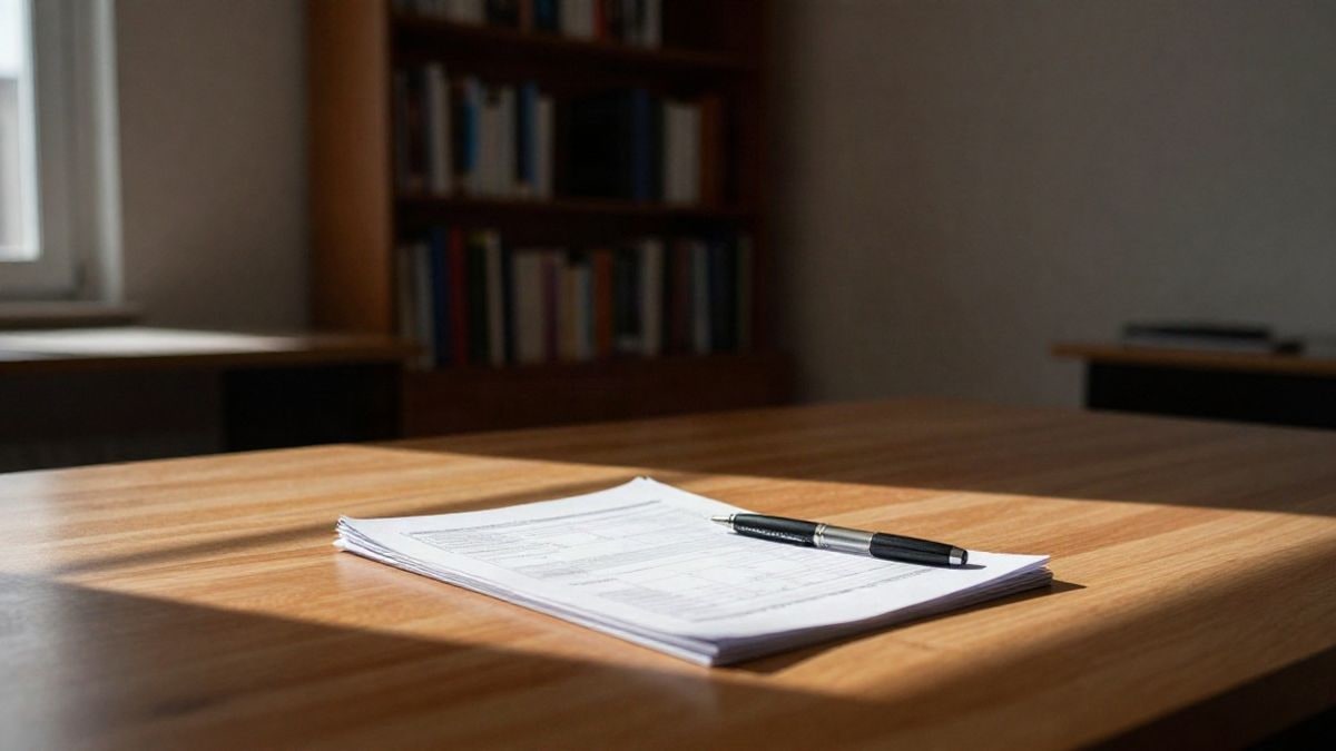 Illustrative image: wooden desk in an empty office, with a closed report illuminated by light from a side window