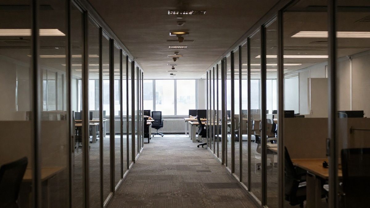 Illustrative image: modern office corridor viewed in wide angle, with lines converging towards a bright window