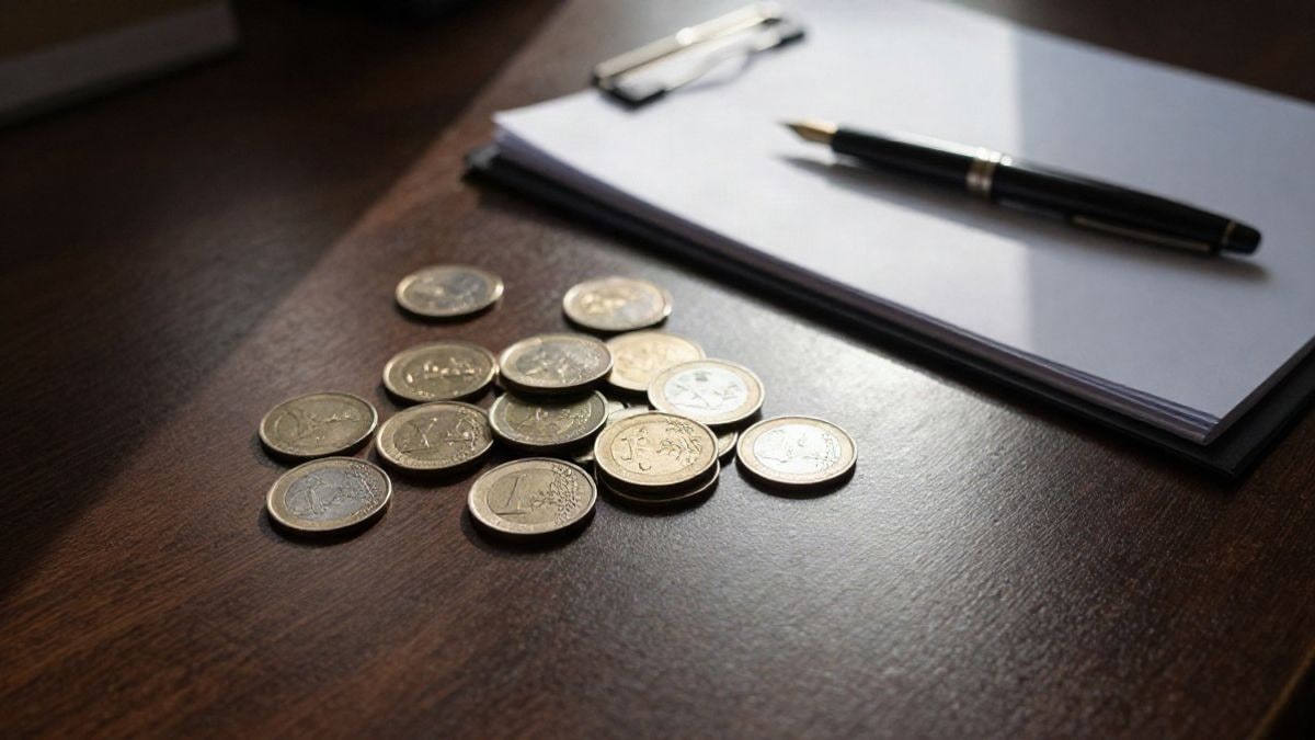 Imagen ilustrativa: mesa de madera vista desde arriba con monedas de euro, una carpeta cerrada y una pluma estilográfica bajo luz natural
