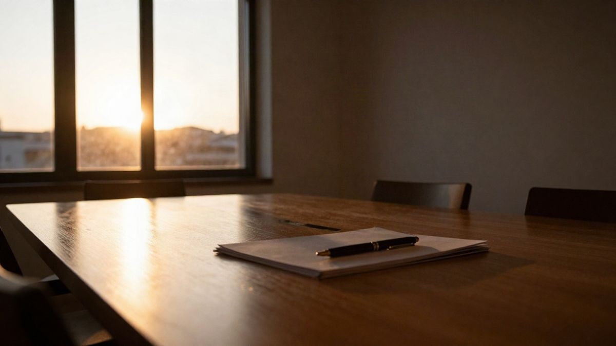 Imagen ilustrativa: mesa de reuniones vacía junto a una ventana al atardecer, con sombras largas y luz cálida de contraluz