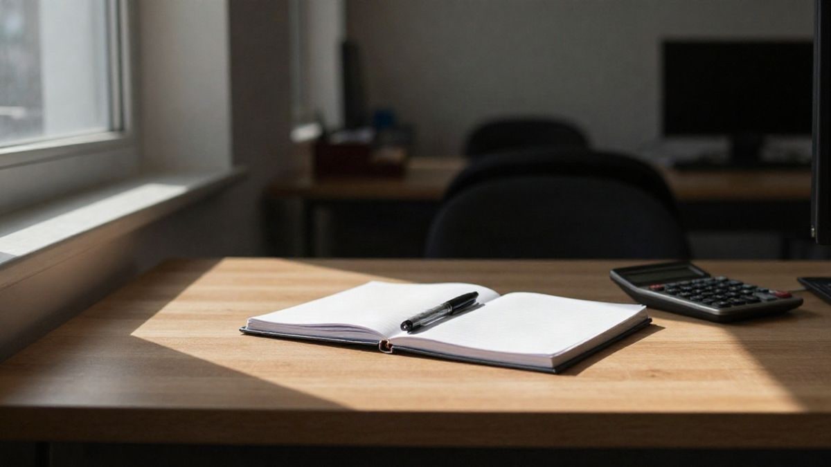 Imagen ilustrativa: escritorio de madera iluminado por luz de ventana lateral, con una libreta cerrada, un bolígrafo y una calculadora