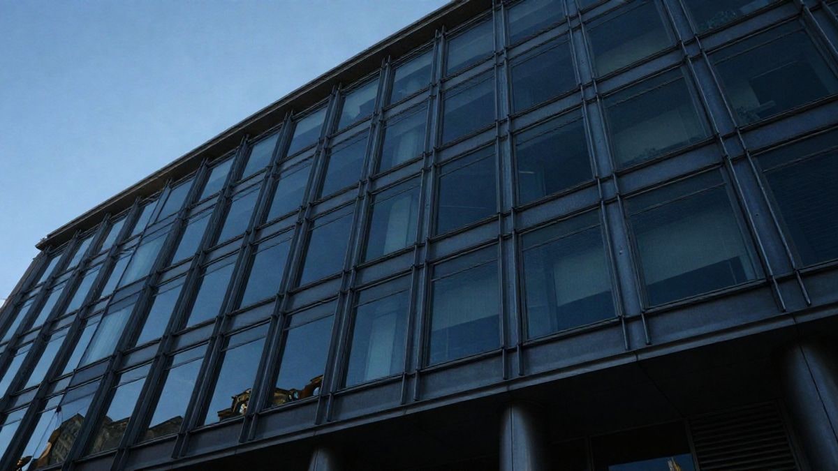 Imagen ilustrativa: ángulo bajo de una fachada de oficinas moderna con cielo despejado