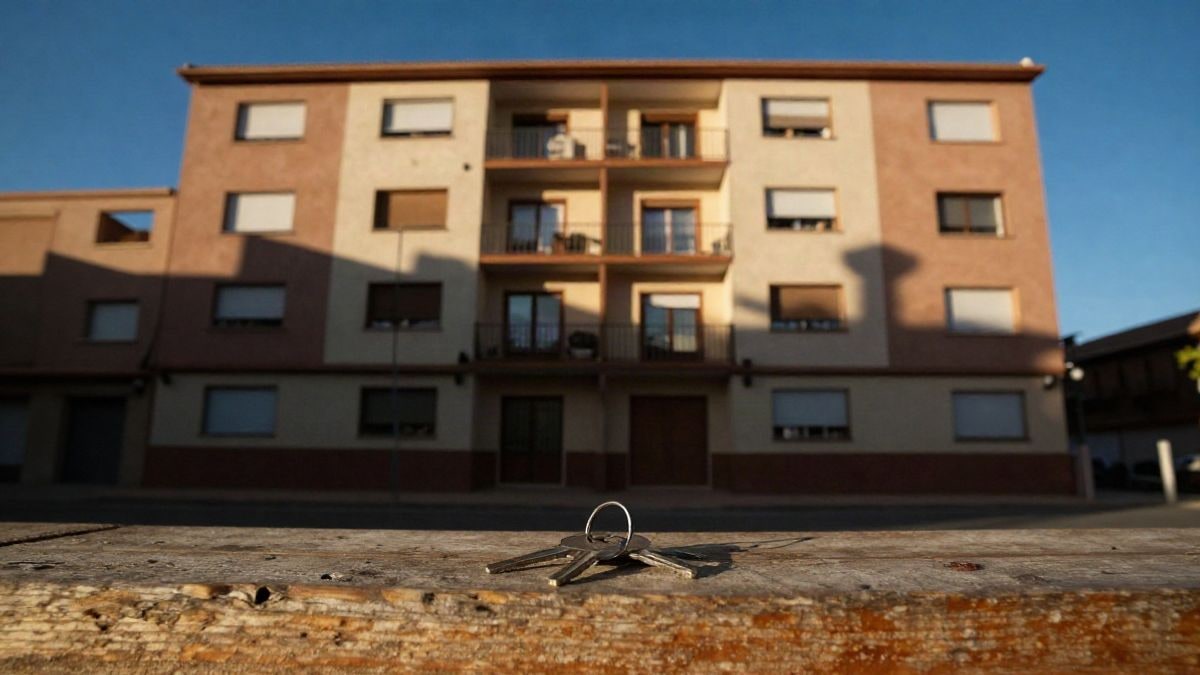 Imagen ilustrativa: fachada de un edificio residencial visto desde abajo, con cielo azul y unas llaves sobre un escalón de madera