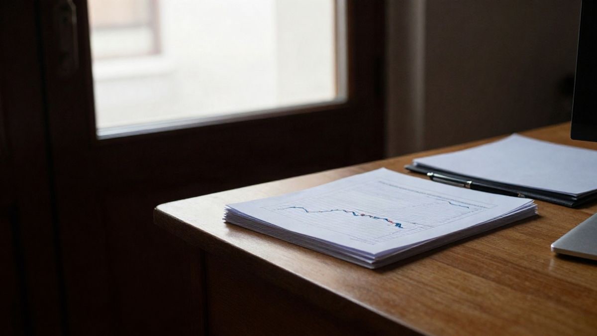 Illustrative image: wooden desk by a window with side light and printed financial charts