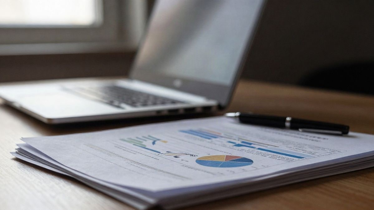 Illustrative image: printed financial graphs on a wooden table, with natural side light