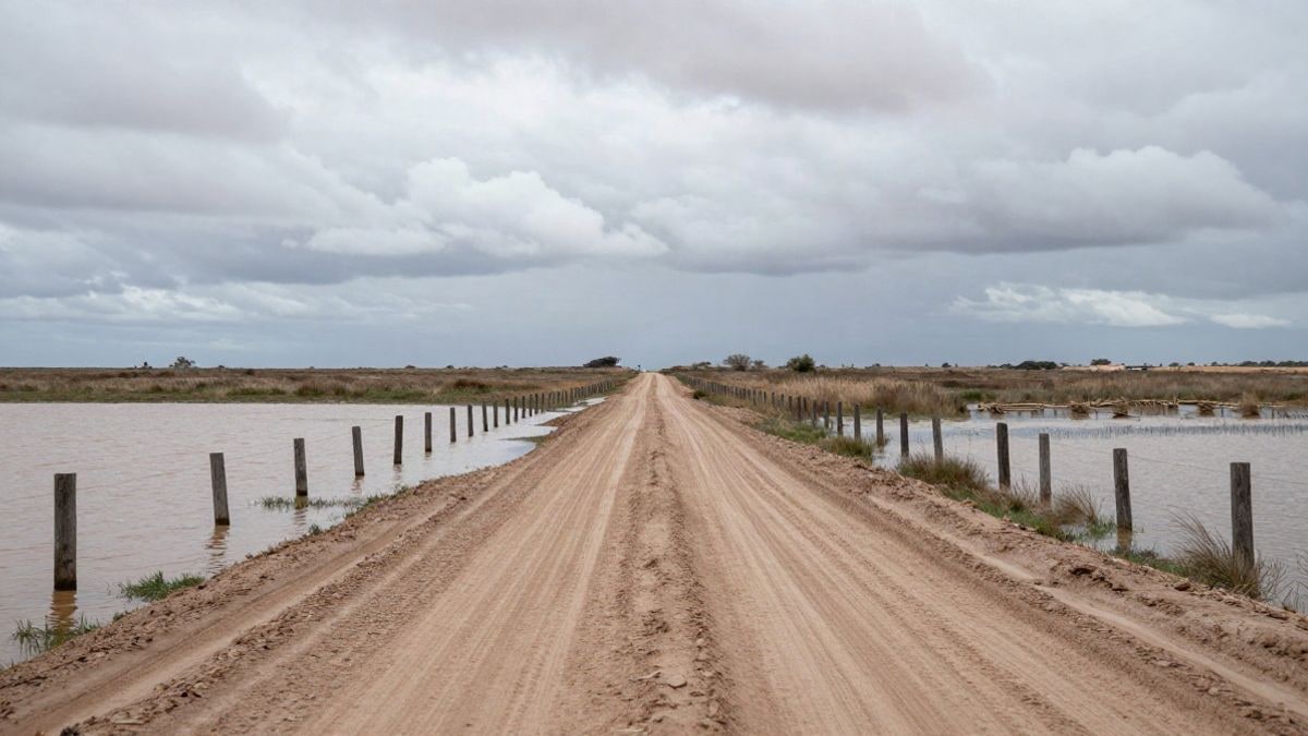 Imagen ilustrativa: camino rural inundado con líneas que convergen hacia el horizonte bajo un cielo nublado