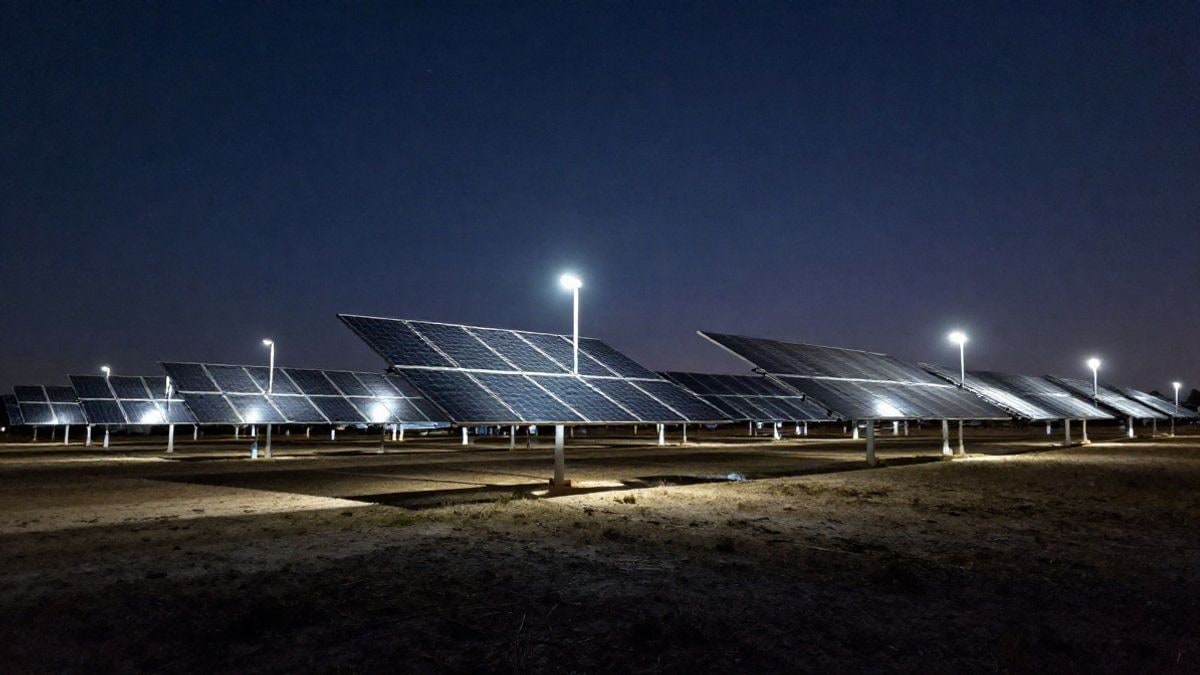 Illustrative image: solar farm illuminated by lights at night