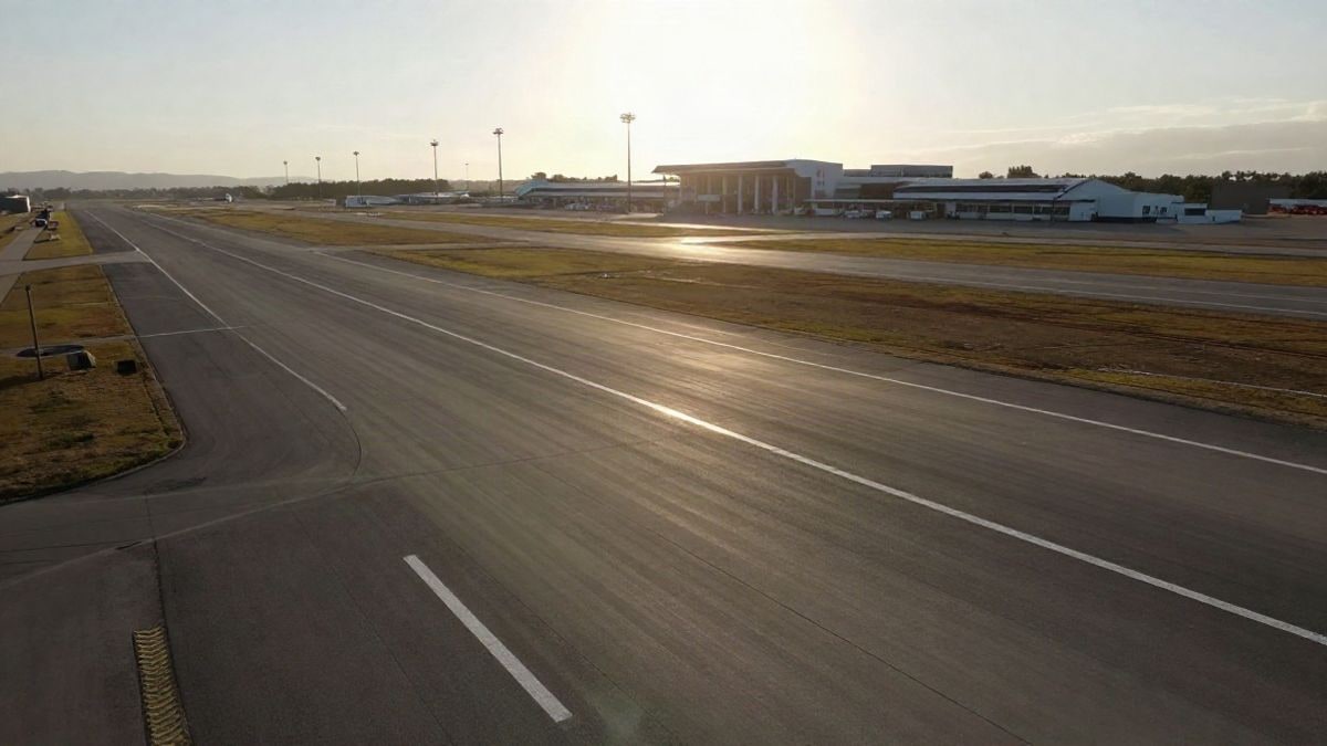 Illustrative image: runway of a regional airport at sunset with long shadows