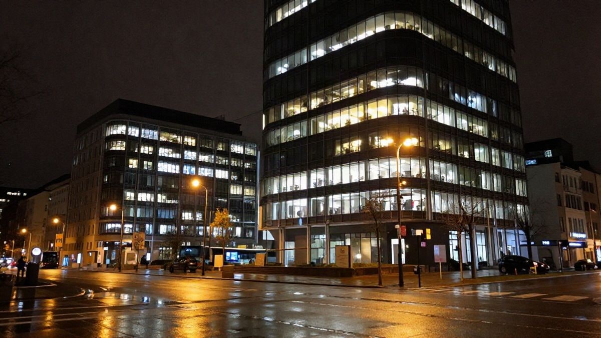 Illustrative image: illuminated office building at night in a generic Baltic city