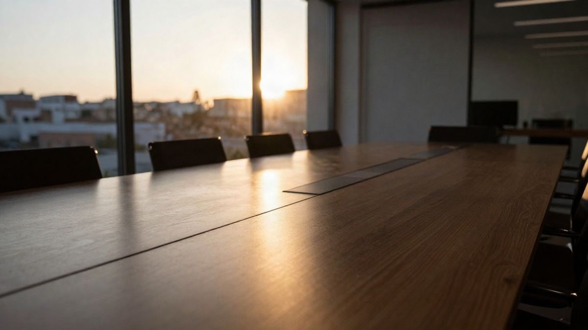 Illustrative image: empty meeting table by a window with backlight at sunset and long shadows