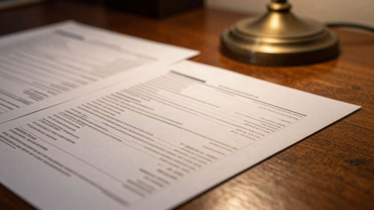 Illustrative image: detail of a wooden table with financial documents and a brass lamp