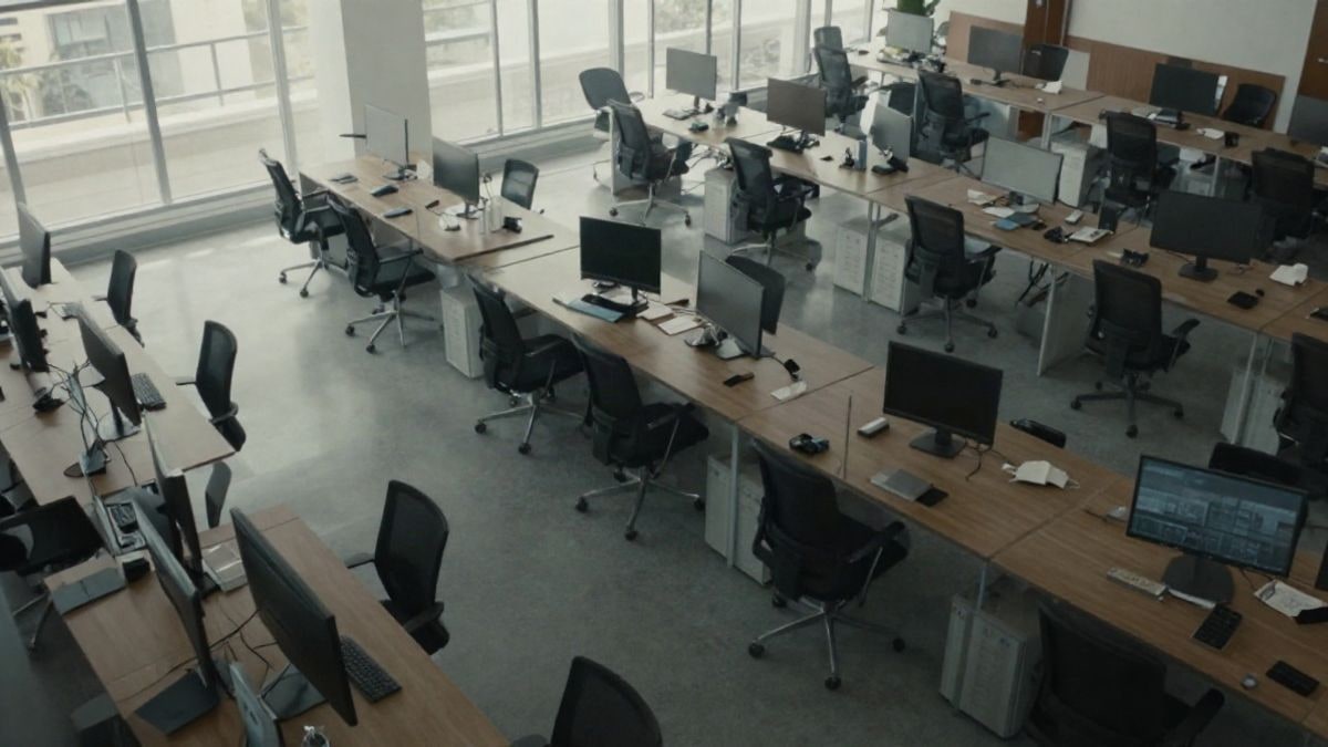 Imagen ilustrativa: vista cenital de una planta de oficinas vacía con filas de mesas y ordenadores