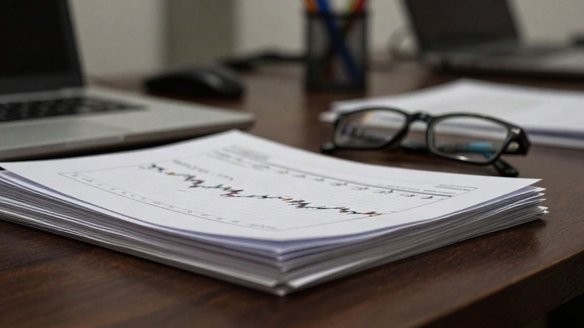 Illustrative image: financial graphs printed on a wooden table with shallow depth of field