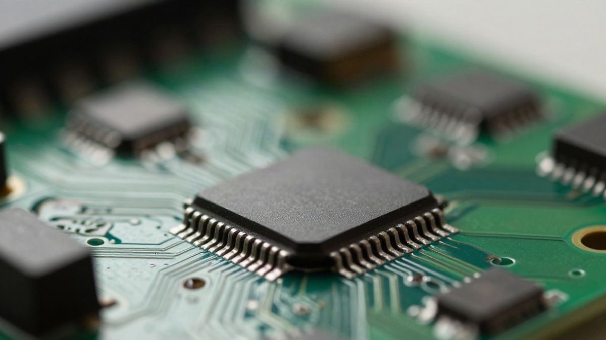 Illustrative image: electronic circuit board with a lit microchip in the foreground