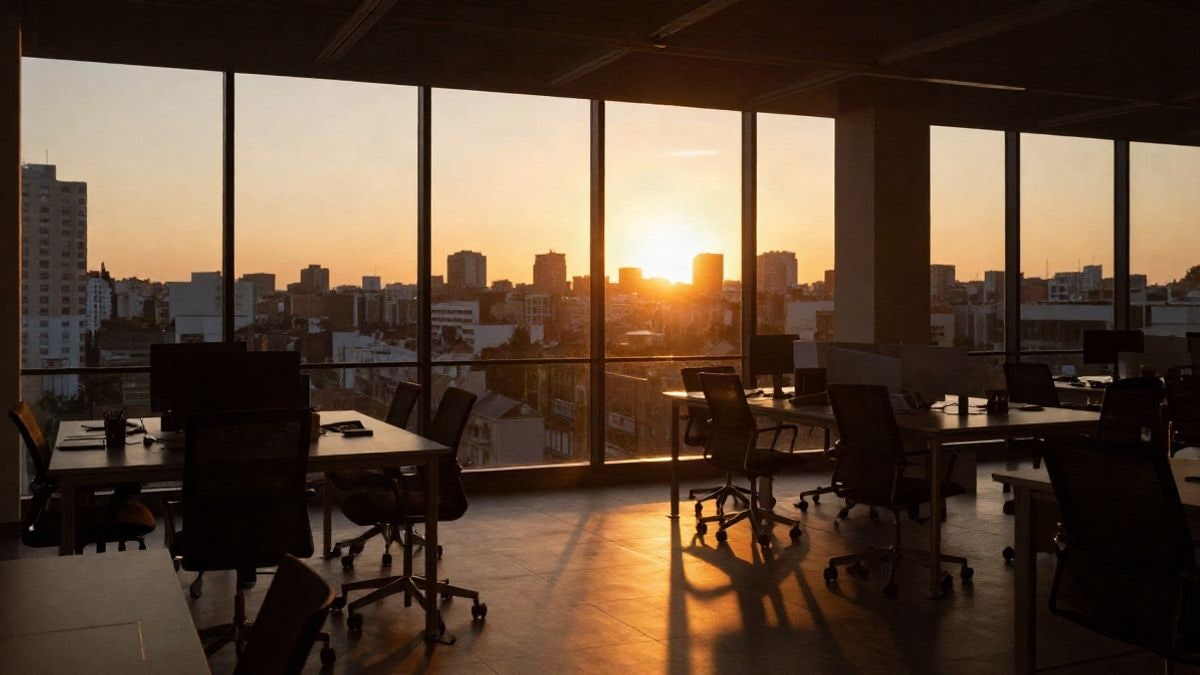 Imagen ilustrativa: interior de un espacio de coworking moderno con escritorios vacíos y luz de atardecer entrando por los ventanales
