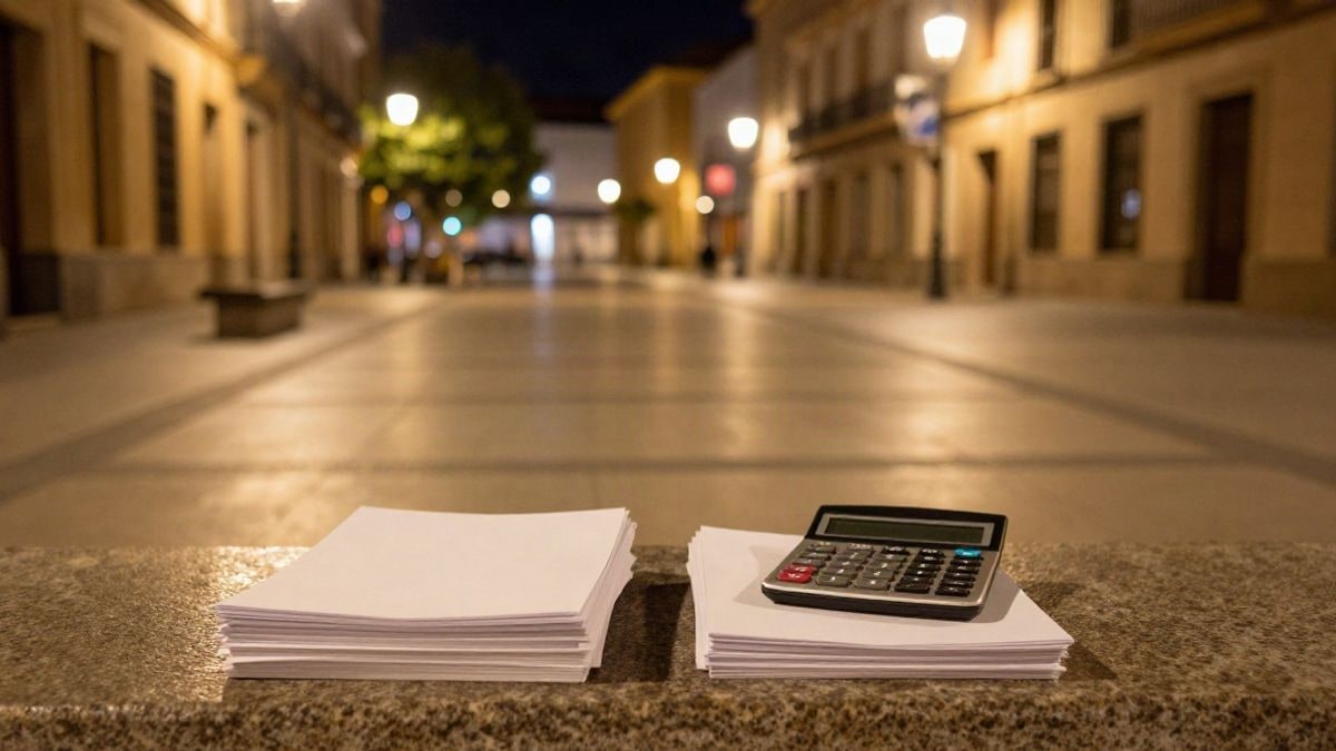 Imagen ilustrativa: una plaza urbana vacía de noche, iluminada por farolas, con formularios y una calculadora sobre un banco de piedra