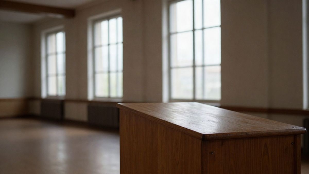 Imagen ilustrativa: un atril de madera vacío en una sala sobria, iluminado por luz natural y con profundidad de campo muy corta