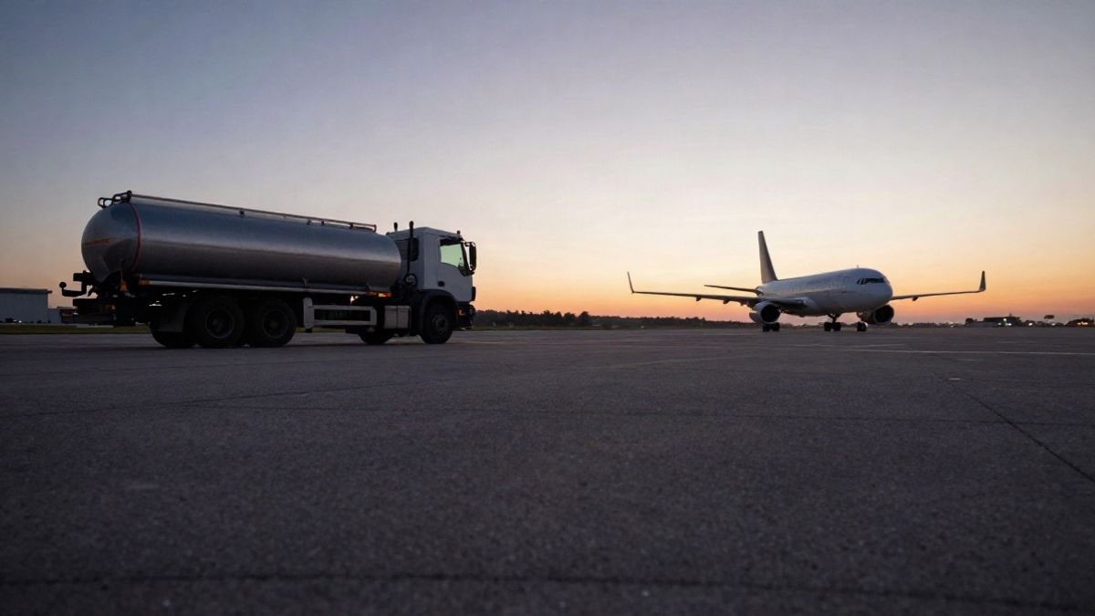 Imagen ilustrativa: camión de combustible en una pista de aeropuerto al atardecer