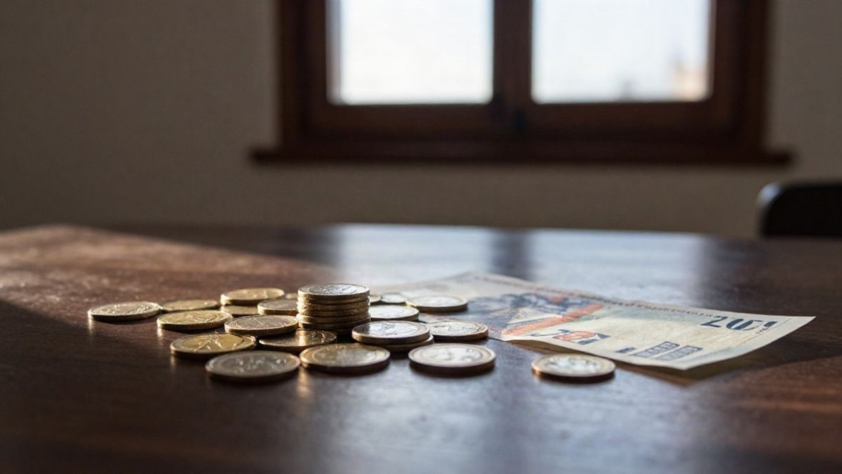 Imagen ilustrativa: monedas de euro apiladas sobre una mesa de madera con luz de atardecer