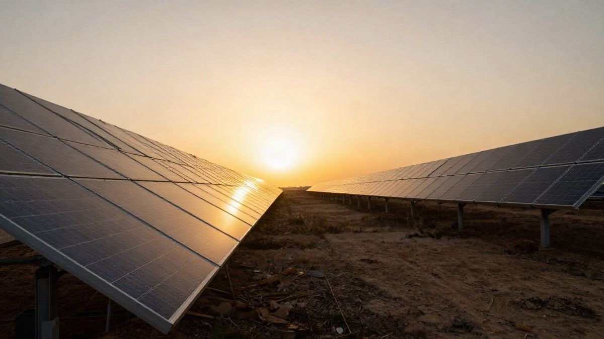 Imagen ilustrativa: gran angular con líneas que convergen en una planta solar al atardecer