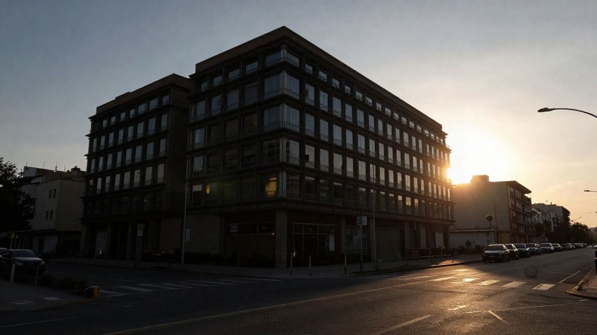 Imagen ilustrativa: silueta de un edificio de oficinas a contraluz al atardecer con sombras largas