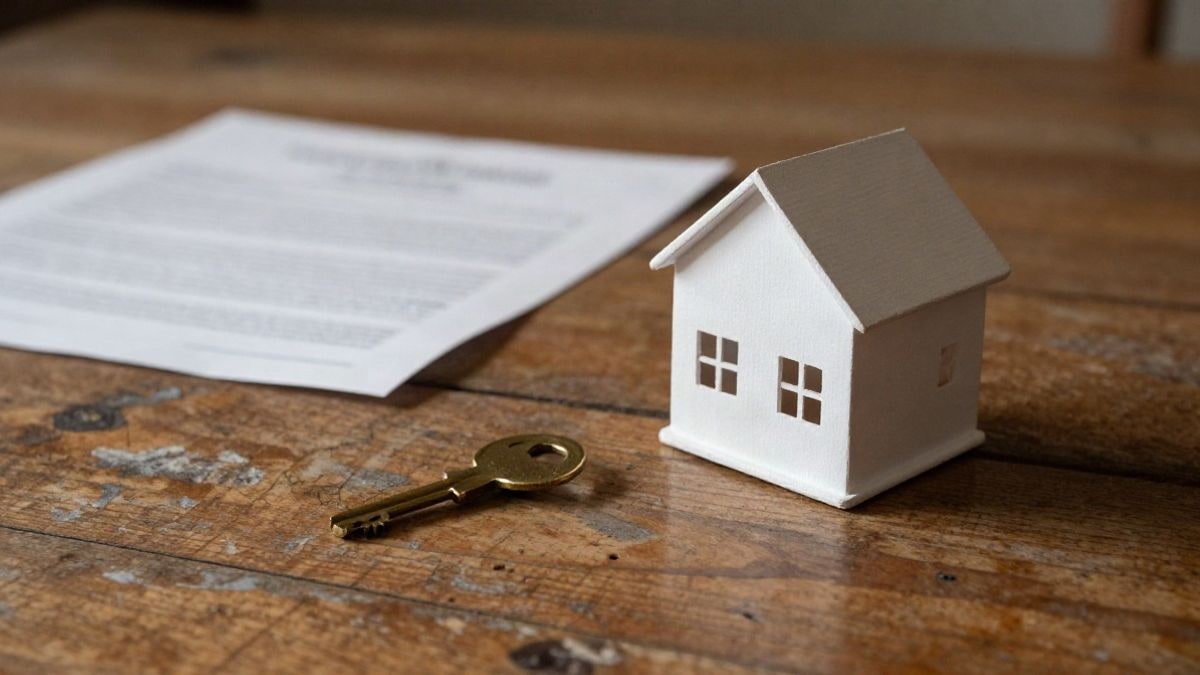 Illustrative image: detail of a wooden table with a miniature house, a key, and a folded contract