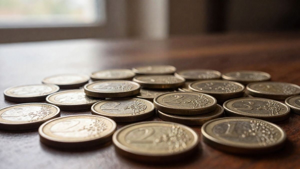 Imagen ilustrativa: primer plano de una pila de monedas de euro sobre una mesa de madera con luz cálida