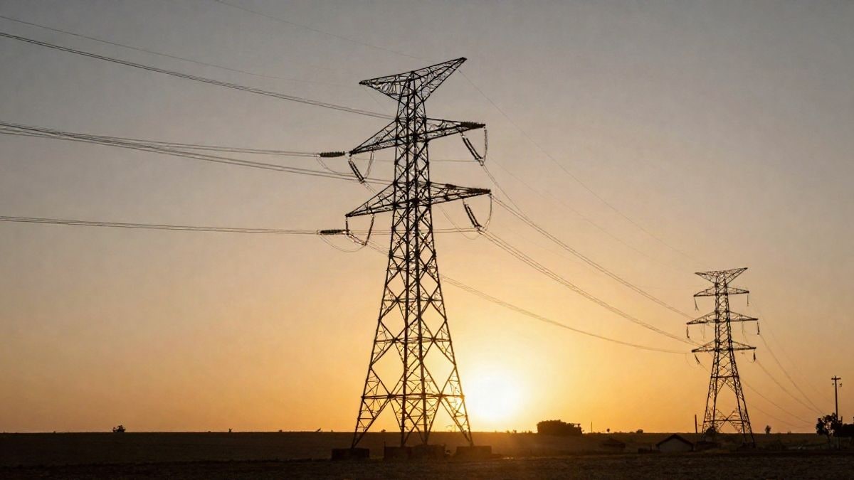 Imagen ilustrativa: torres de tendido eléctrico recortadas al atardecer con sombras largas