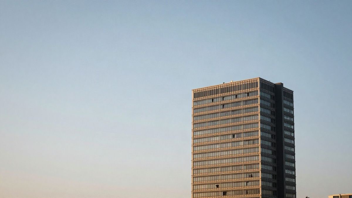 Illustrative image: a modern corporate building in the distance with a wide sky and negative space