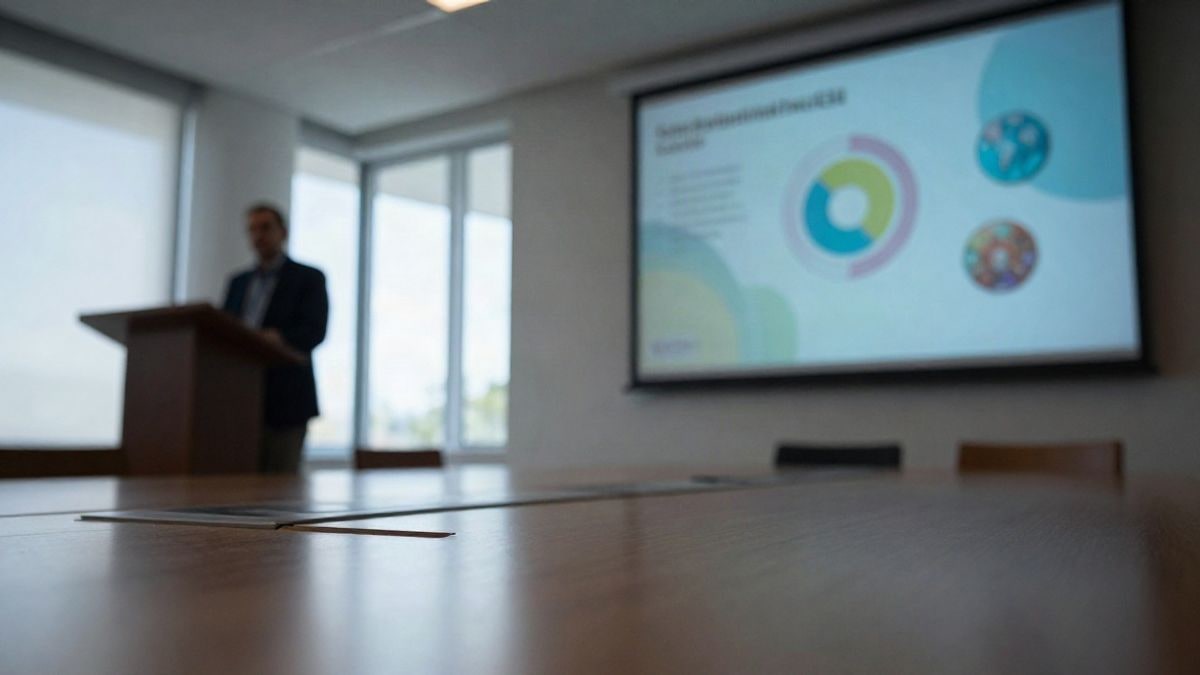 Illustrative image: modern conference room with empty podium and screen displaying abstract health tech graphics