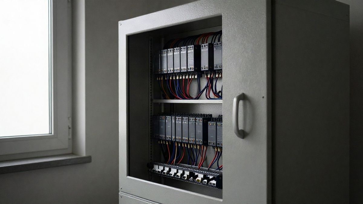 Imagen ilustrativa: armario de control industrial con módulos PLC y cableado, iluminado por luz lateral de ventana