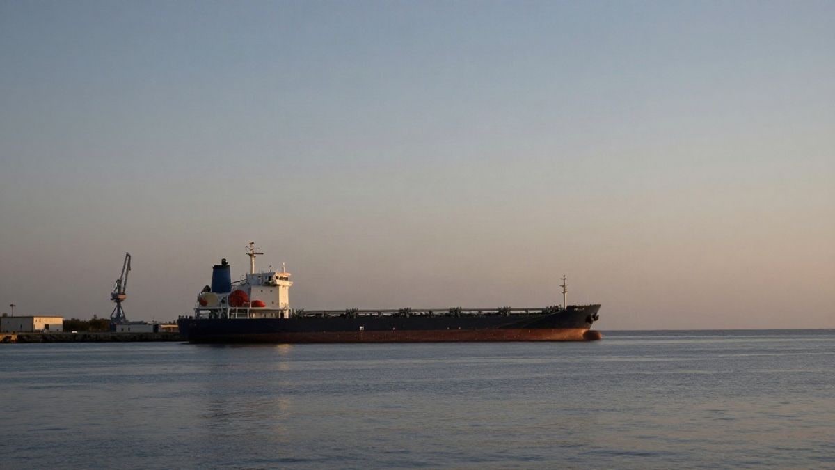 Imagen ilustrativa: un buque multipropósito atracado en un puerto al atardecer, con el mar en calma