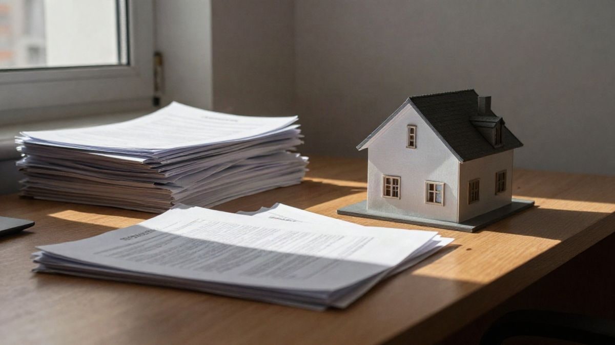 Illustrative image: office desk with documents and a model house illuminated by a side window