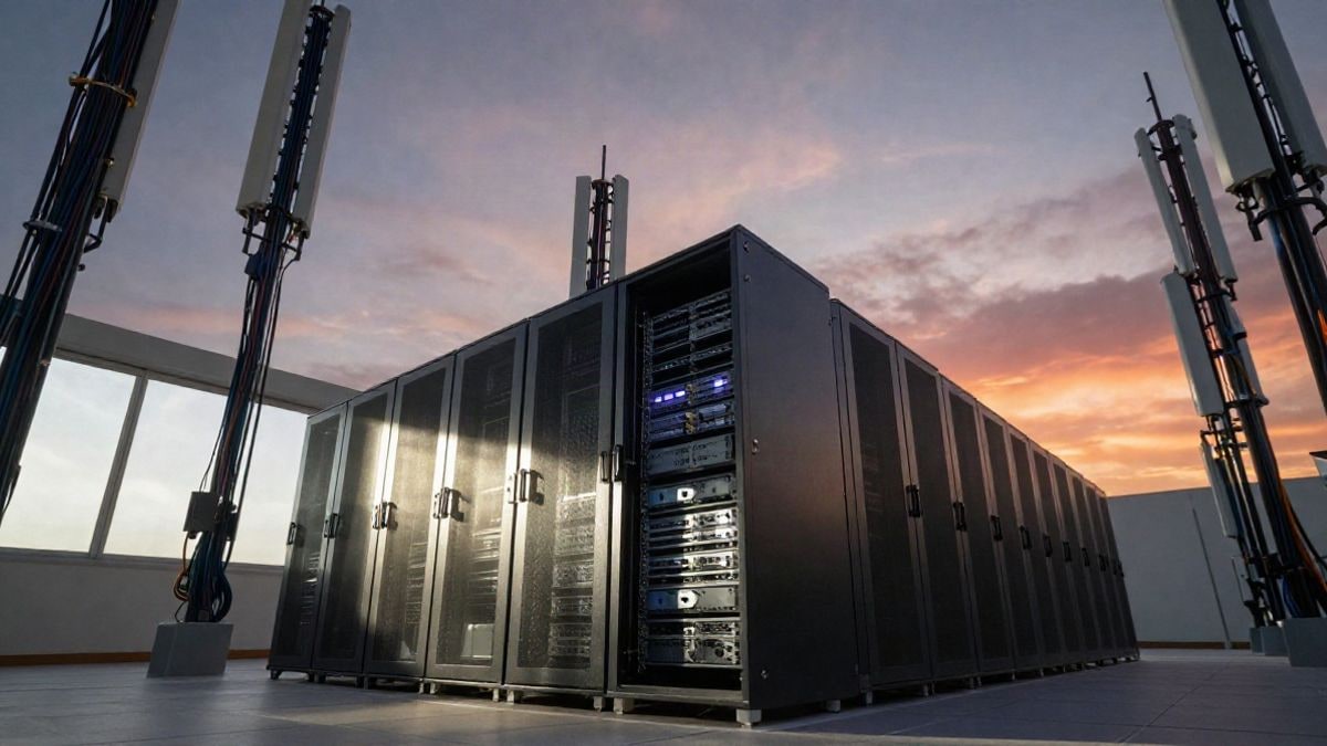 Illustrative image: wide-angle of converging lines in a modern server room with dramatic natural light