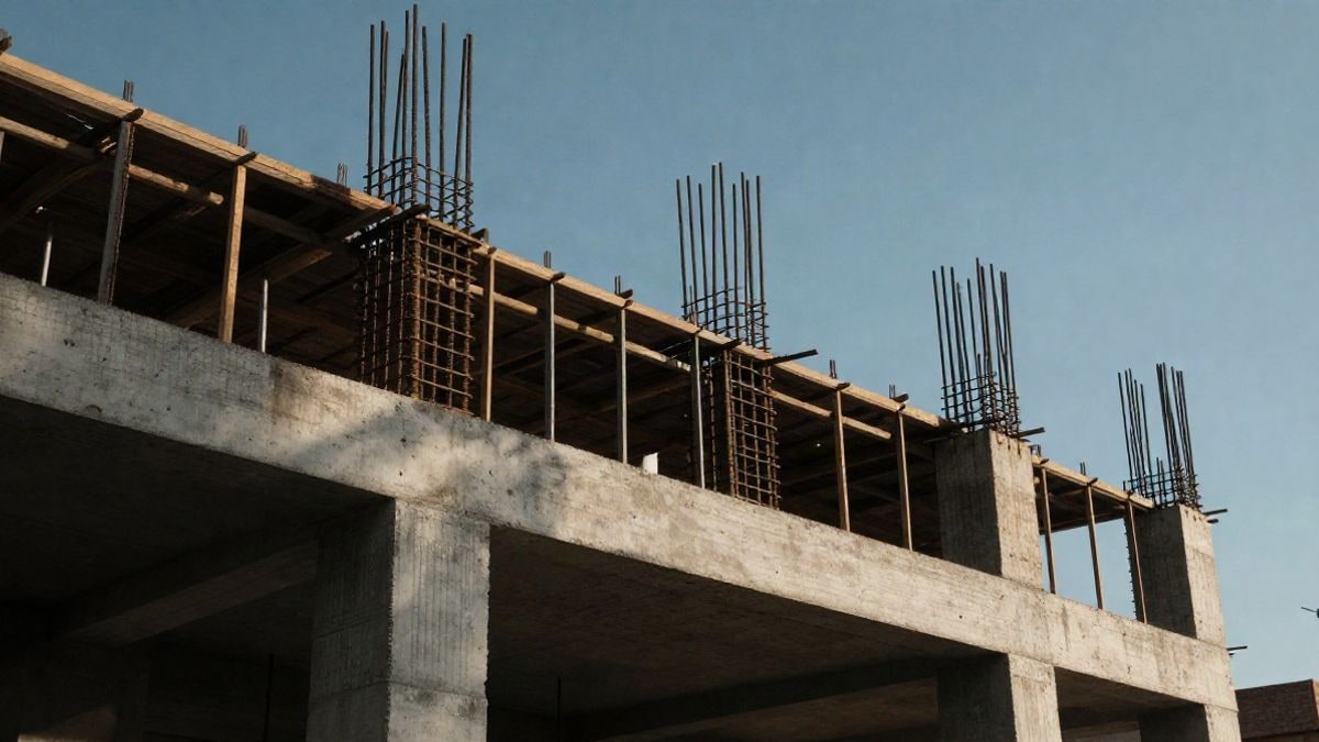 Illustrative image: concrete structure under construction viewed from below against the blue sky