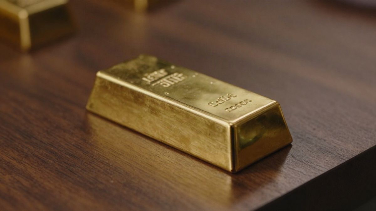 Illustrative image: detail of a gold bar on dark wood illuminated by warm side light