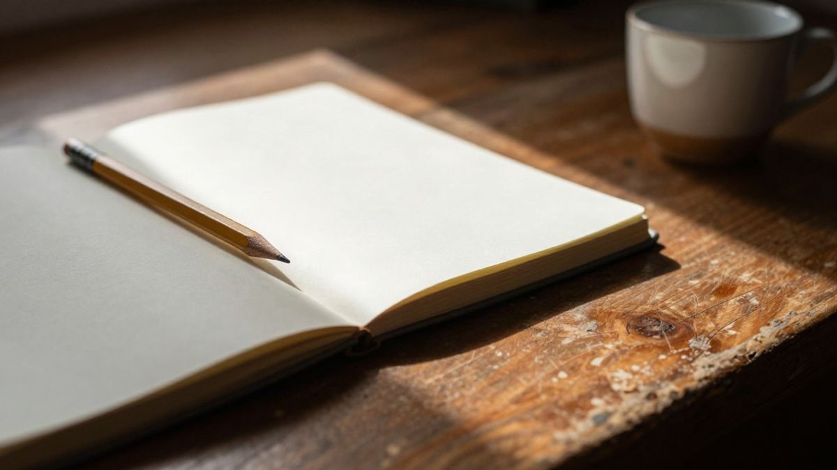 Imagen ilustrativa: detalle de una mesa de madera con una libreta, un lápiz y una taza junto a una ventana