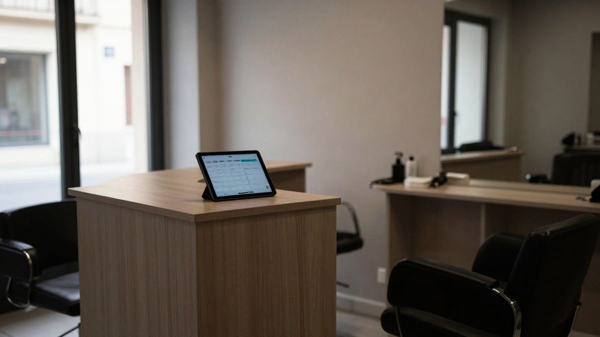 Illustrative image: interior of a hair salon with a tablet showing an appointment application