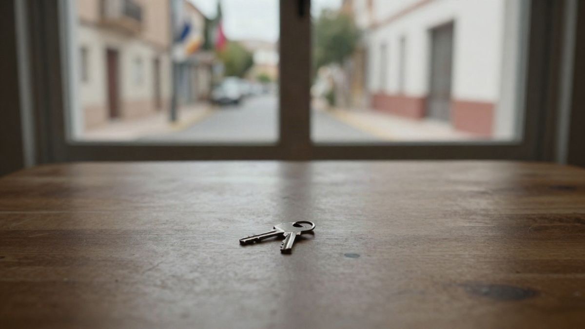 Imagen ilustrativa: una llave solitaria sobre una mesa de madera con luz natural y fondo desenfocado de una calle residencial