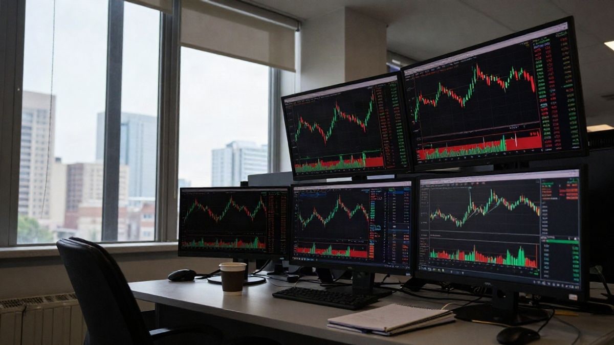 Imagen ilustrativa: escritorio de trading con monitores mostrando gráficos bursátiles junto a una ventana