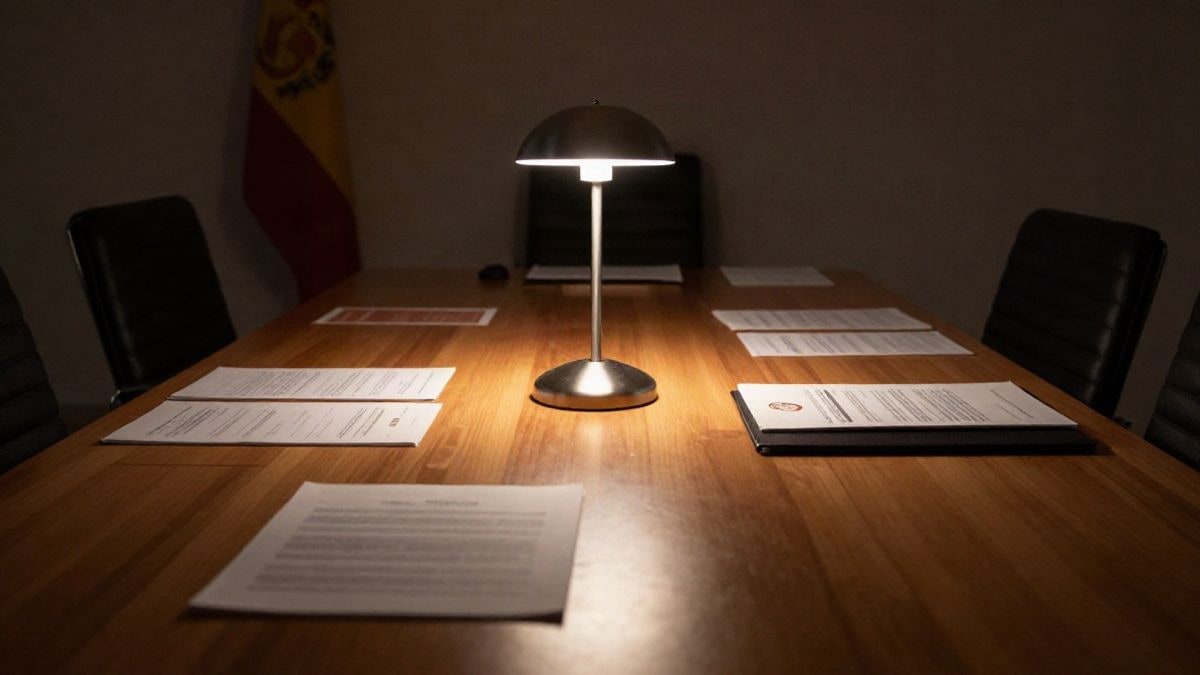 Illustrative image: empty negotiation table illuminated by a lamp in a night union office