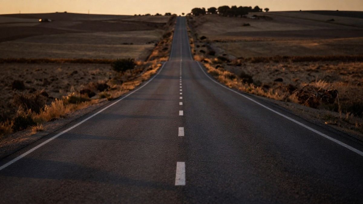 Imagen ilustrativa: carretera rural vacía que se pierde en el horizonte de una llanura al atardecer