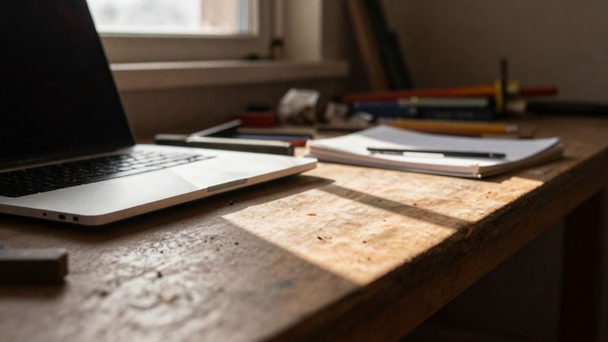 Illustrative image: worn wooden table of a small workshop with a laptop and blurred tools, with natural light