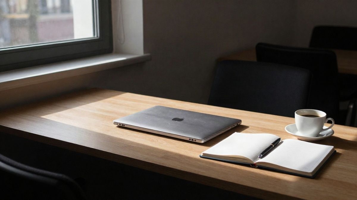 Illustrative image: office desk with side window light, featuring a closed laptop and a notebook on the table