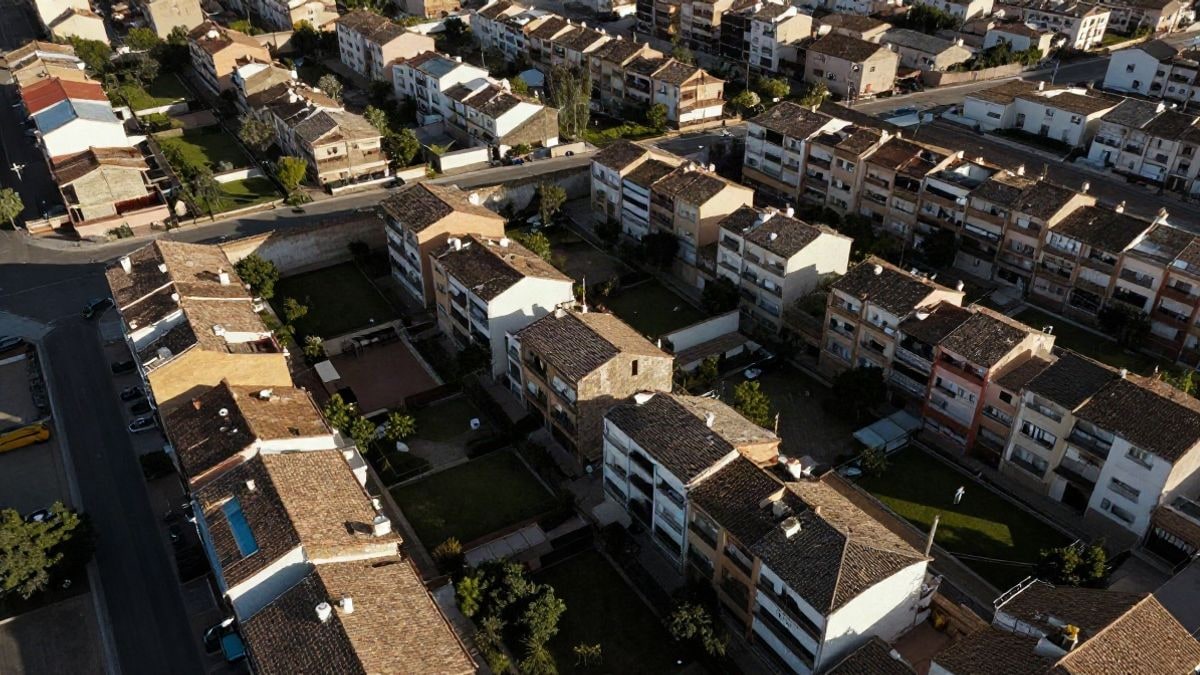 Imagen ilustrativa: vista cenital de un barrio residencial con bloques de viviendas y zonas verdes