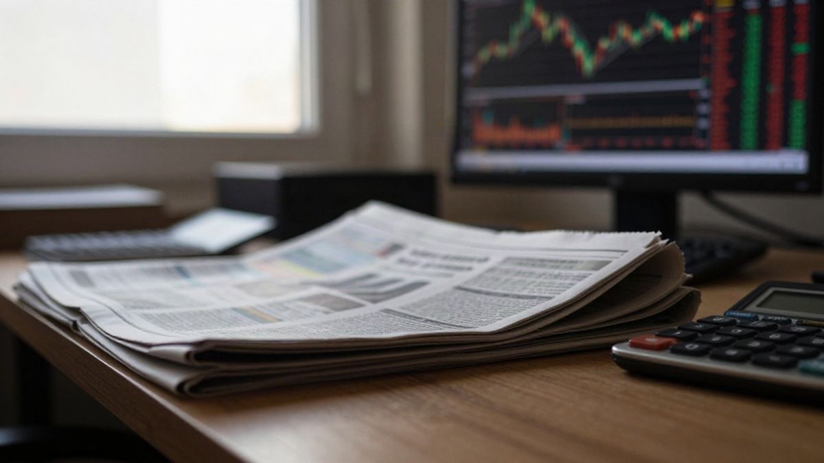 Imagen ilustrativa: calculadora y periódico financiero sobre una mesa de madera junto a gráficos bursátiles desenfocados