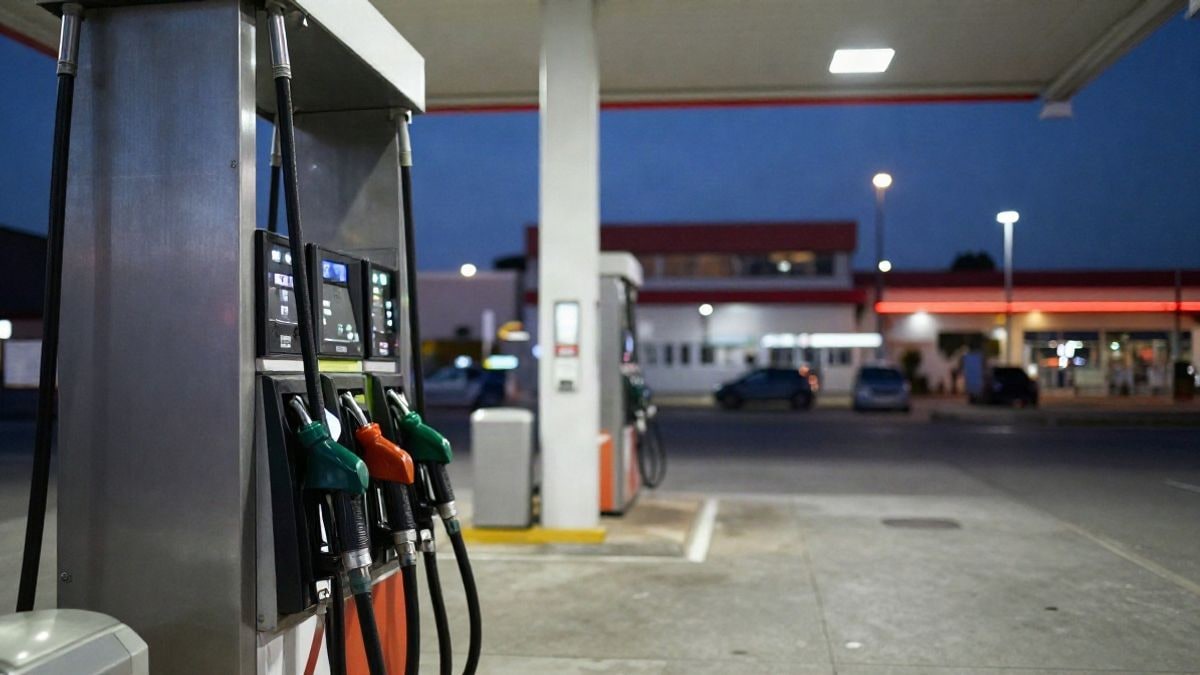 Imagen ilustrativa: vista lateral de un surtidor de gasolina con fondo desenfocado al atardecer