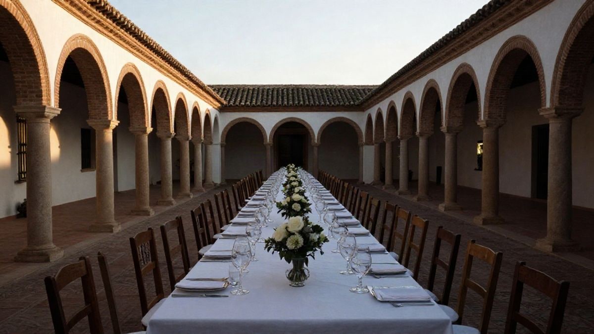 Illustrative image: long banquet table with white tablecloth and glasses, wide-angle view towards an arch gallery at sunset