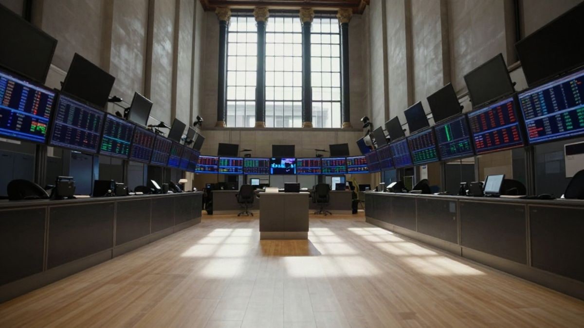 Illustrative image: wide-angle of converging lines inside a financial building with screens and natural light