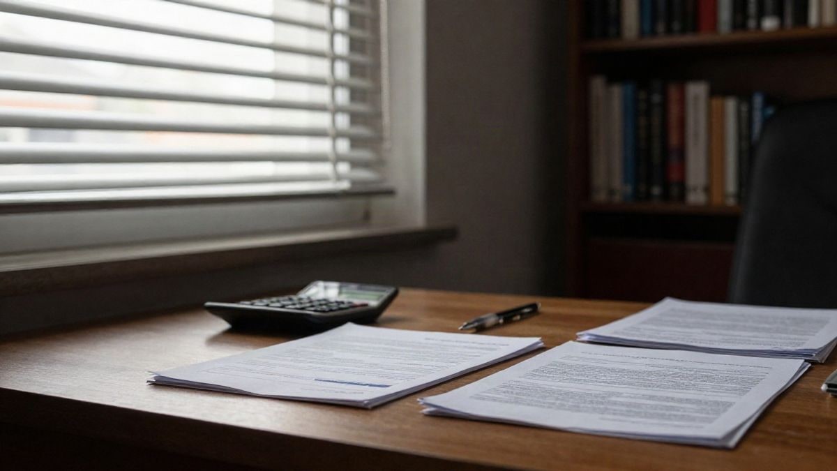 Illustrative image: desk with official documents and a calculator next to a window with side light